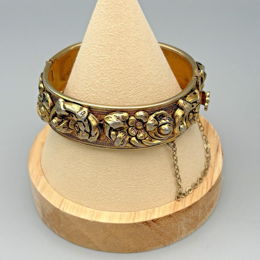 Vtg Repousse Hinged Bangle Bracelet Gold Tone Floral Art Nouveau Safety Chain